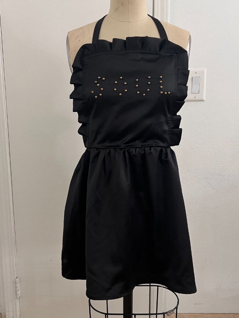 Zemeta Soul Studded Apron Mini Dress Black Satin Tie Back Size Small